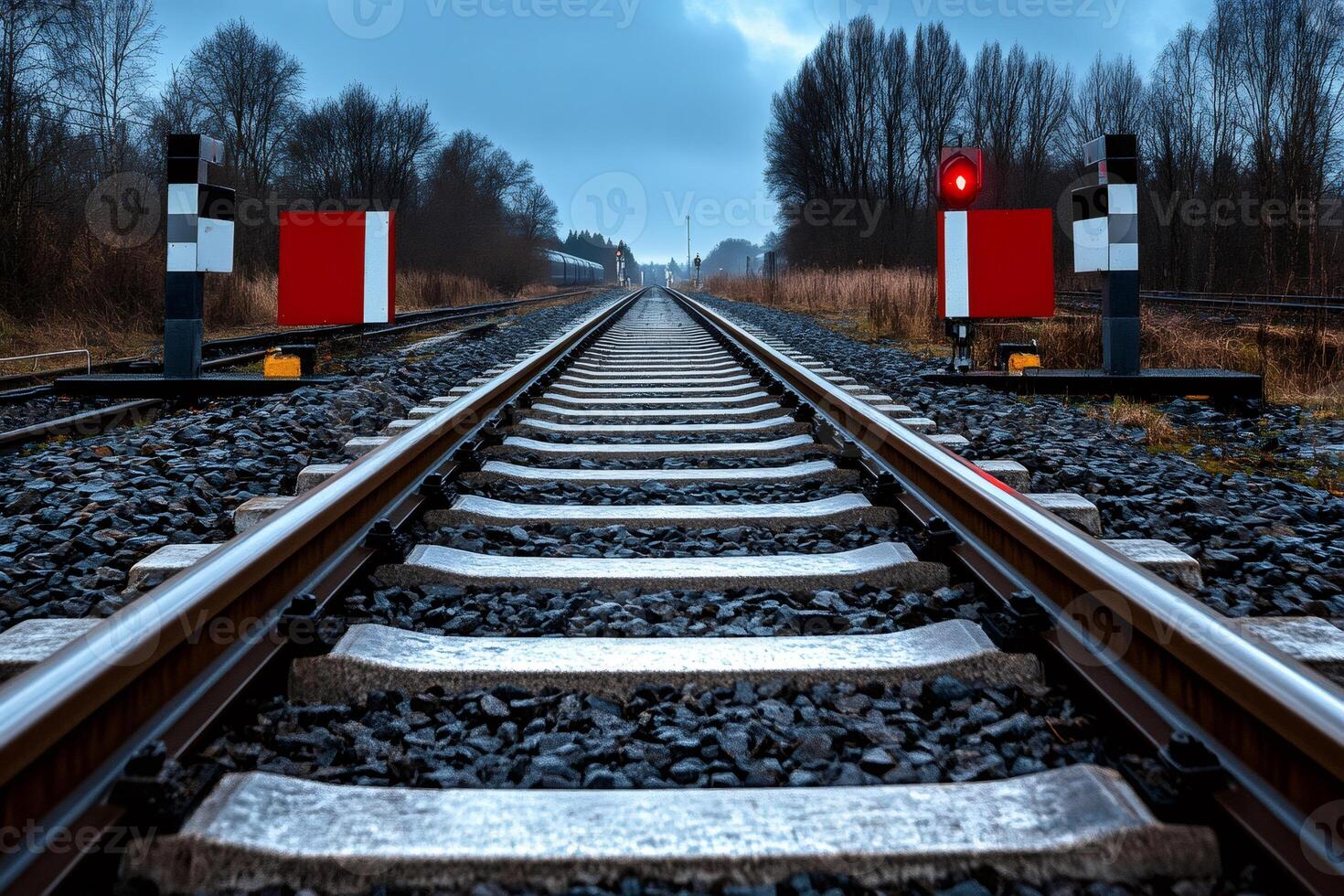 Railroad tracks converging at horizon under cloudy sky with warning lights photo