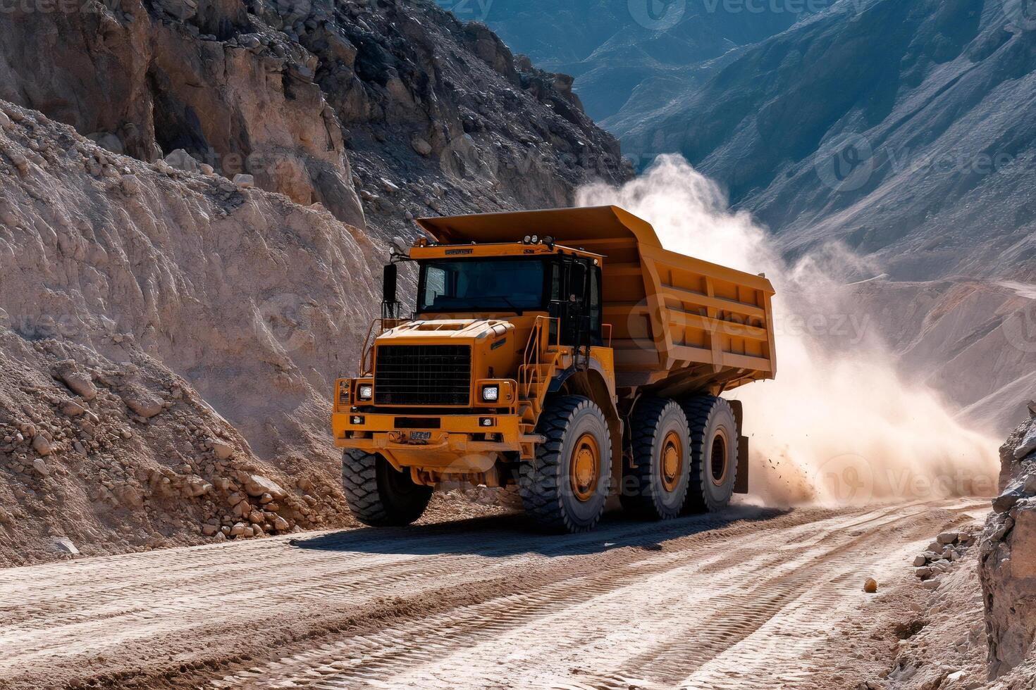 Large mining dump truck moving earth in quarry photo