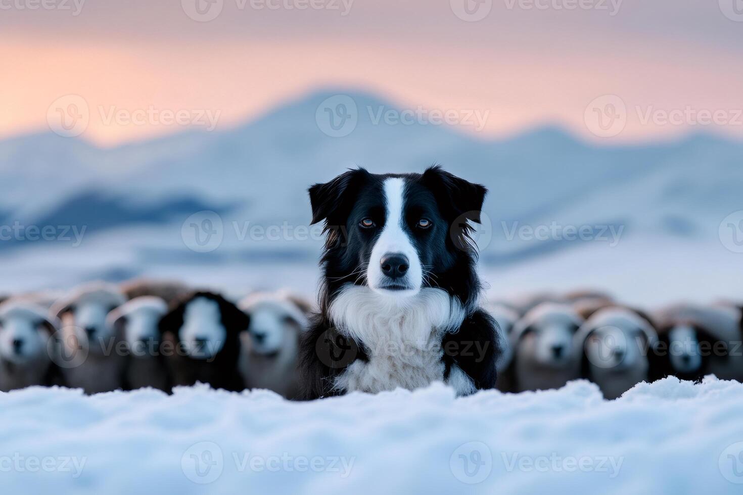 Border collie guarding sheep in snowy mountain landscape at sunset photo
