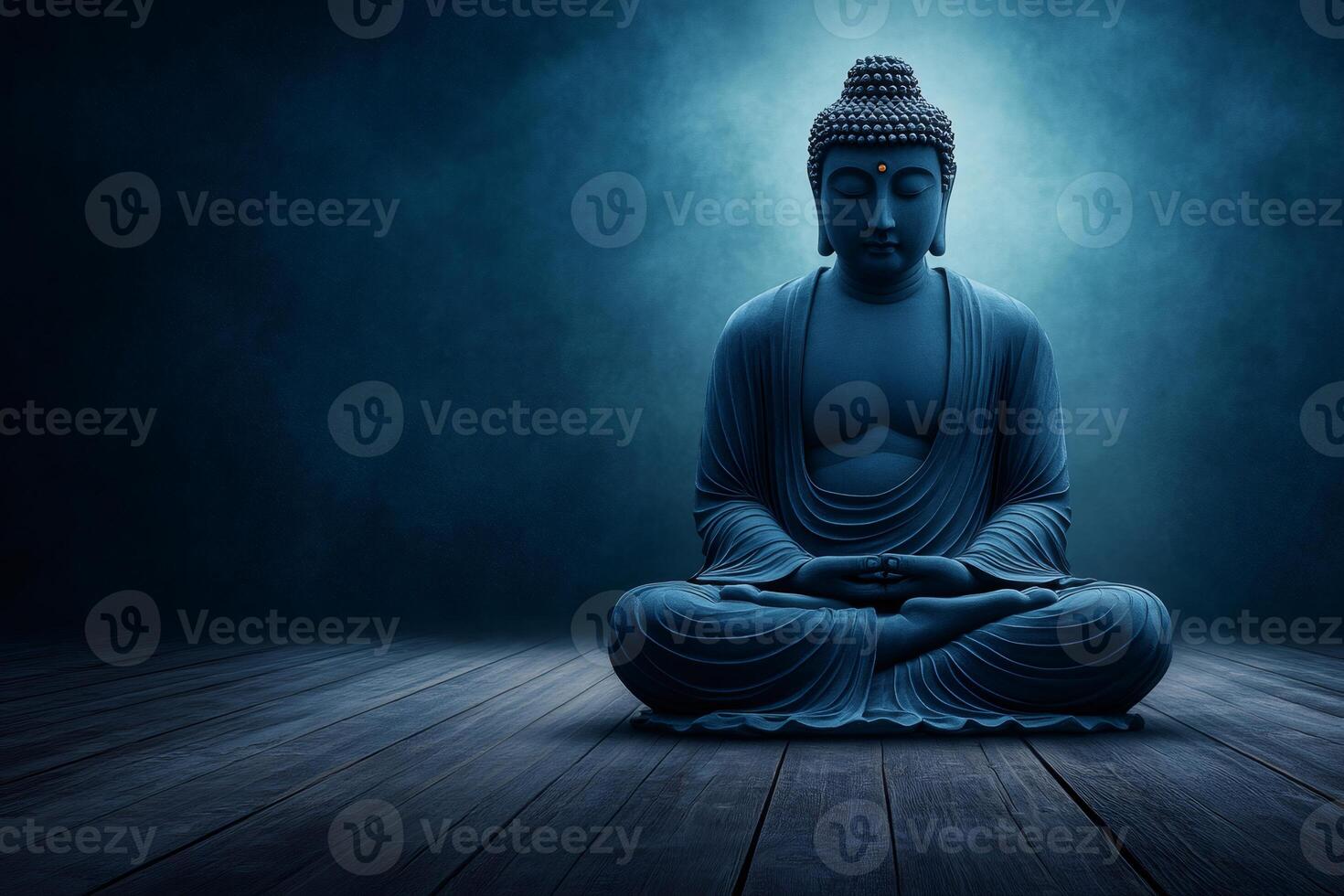 Meditating buddha statue radiating serenity and tranquility in a dark room photo