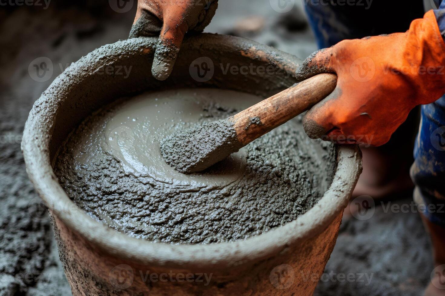 Construction worker mixing cement in bucket with wooden tool photo