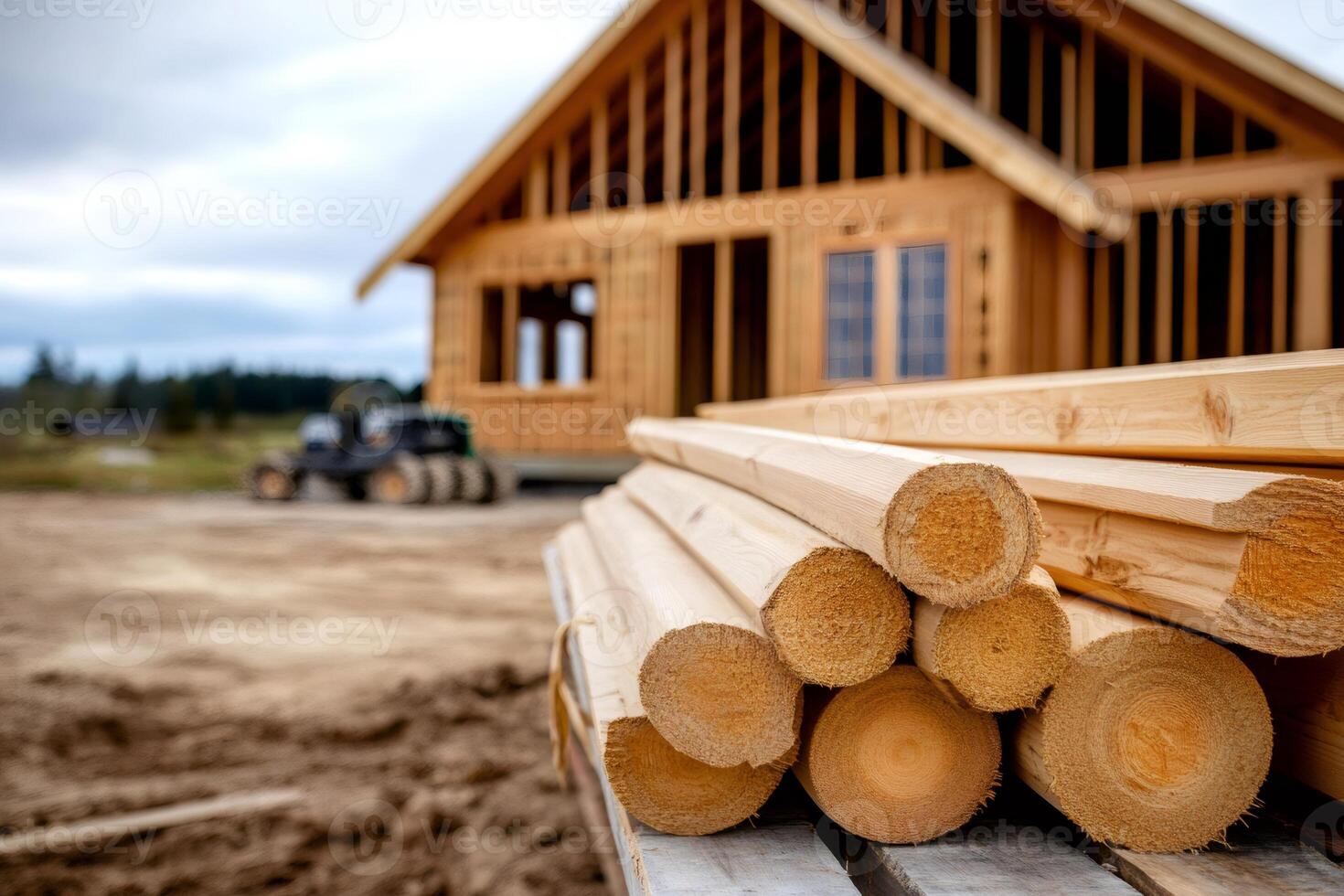 Wooden material lying on construction site for building new house photo