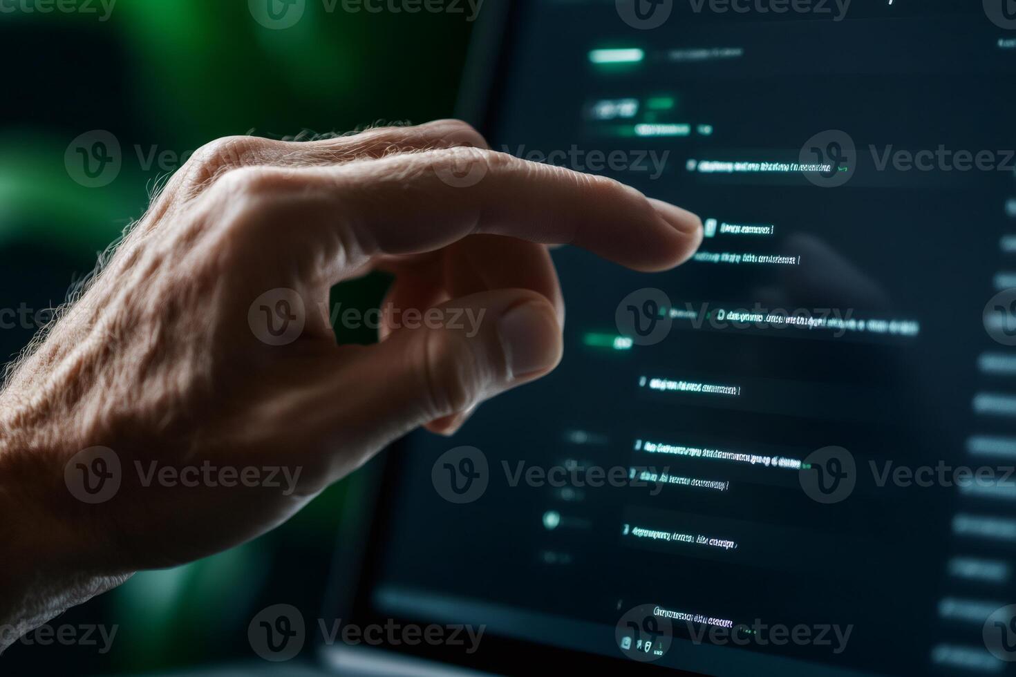 Programmer pointing at lines of code on computer screen in dark room photo