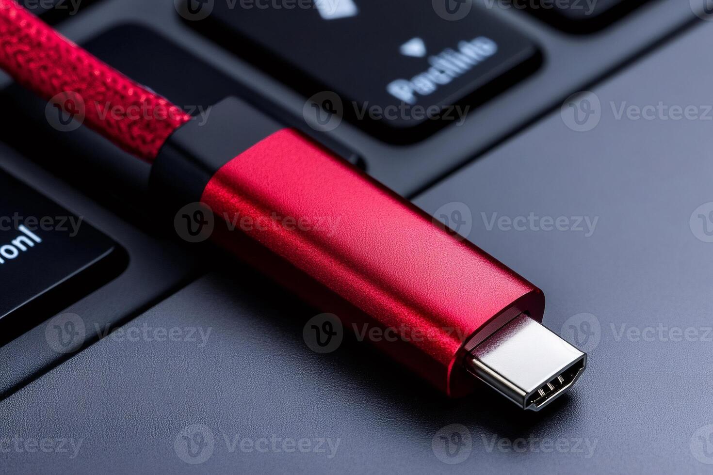 Red usb c cable lying on modern laptop keyboard photo