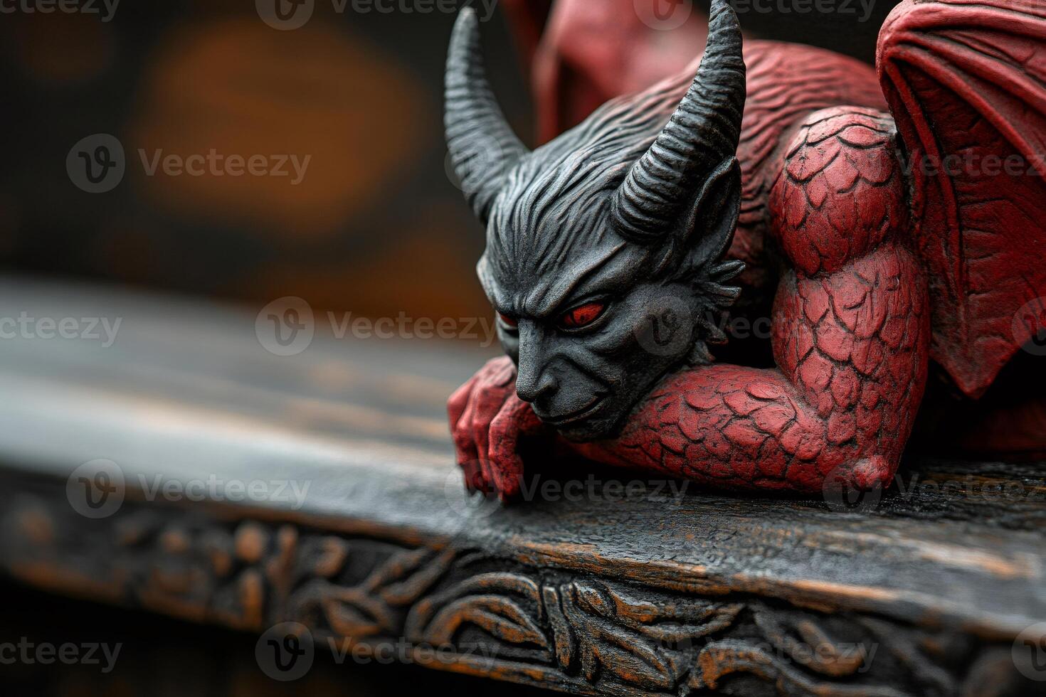 Red gargoyle statue resting on wooden ledge, mythical creature photo