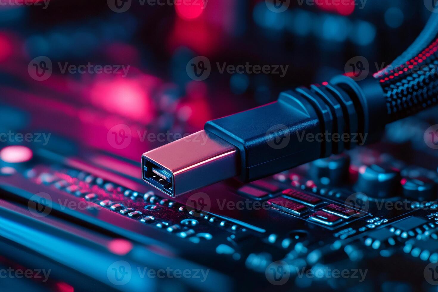 Usb cable hovering over electronic circuit board with pink and blue lighting photo