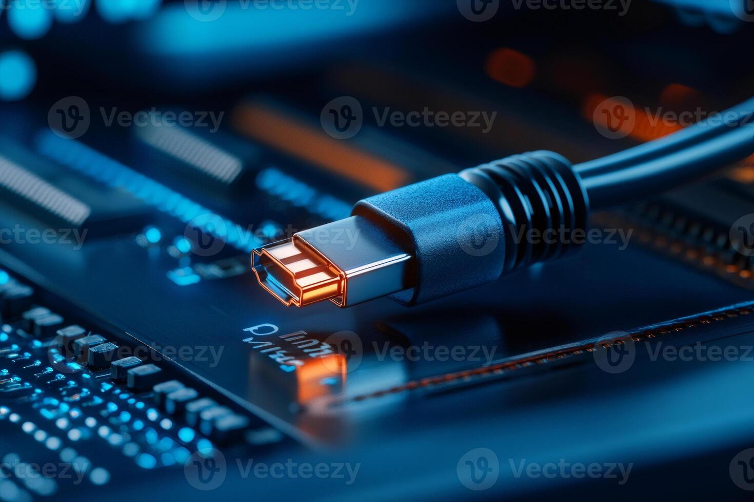 Usb cable connecting to motherboard, futuristic technology transferring data photo