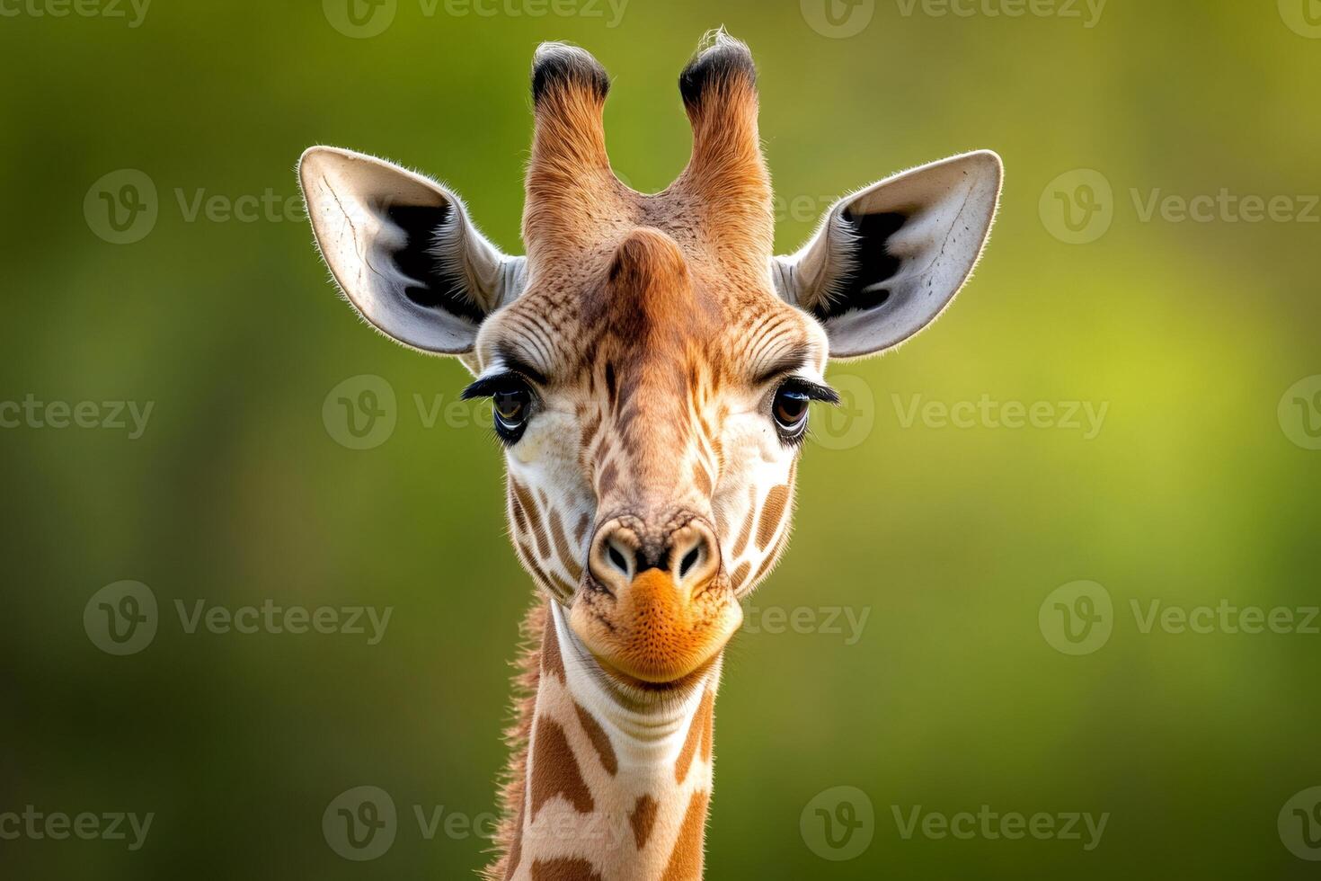 Curious giraffe staring with intense gaze in green meadow photo