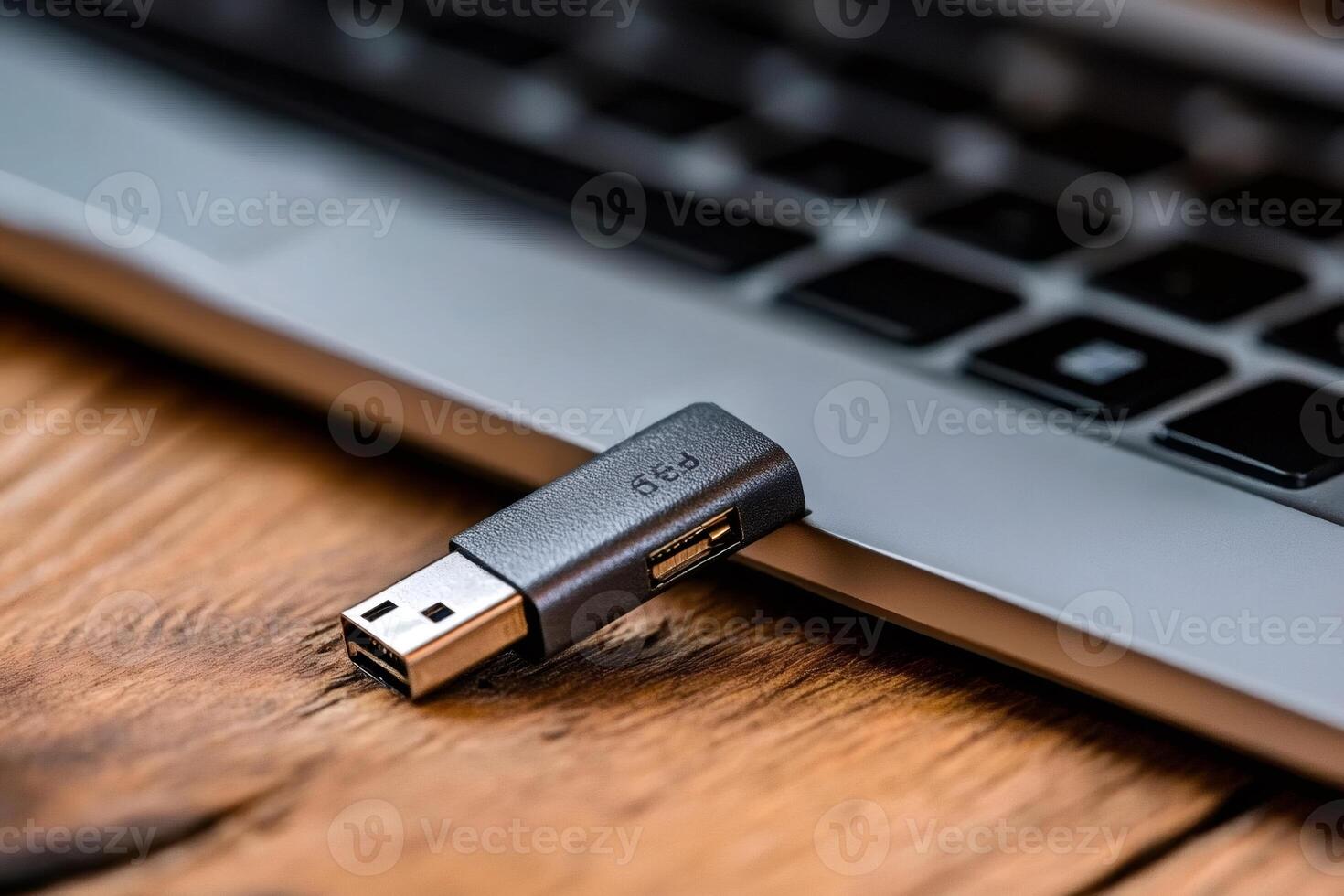 Usb adapter connecting to modern laptop on wooden desk photo