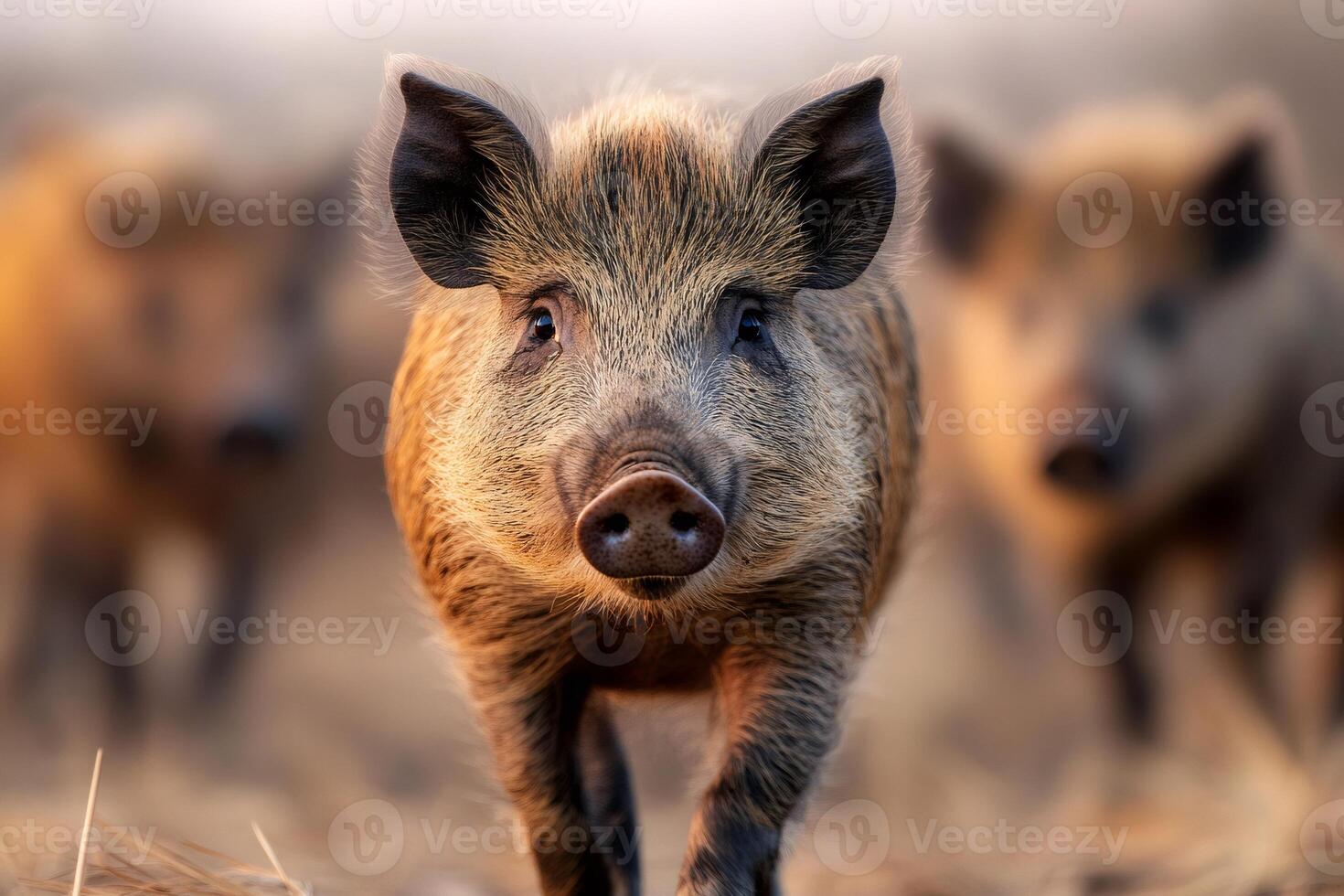 Wild boar piglet walking towards camera with family in background photo