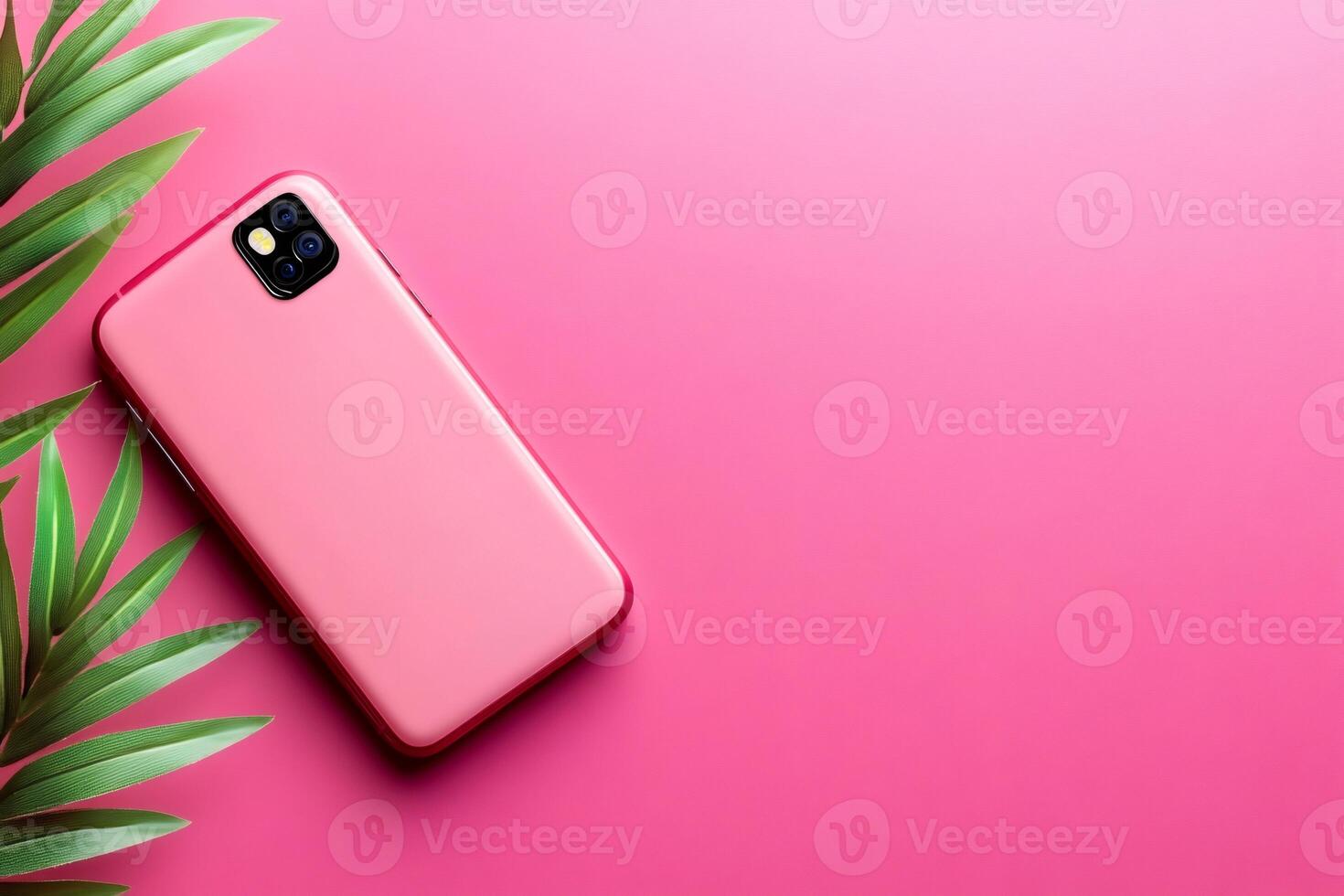 Pink smartphone lying on pink surface with tropical leaves decoration photo