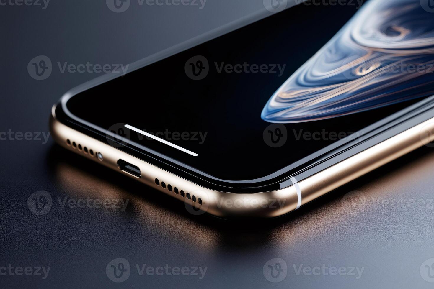 Modern smartphone displaying abstract swirls on dark background photo