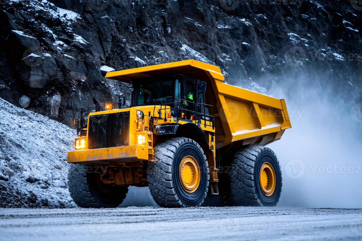Huge mining truck working in open pit mine in winter conditions photo