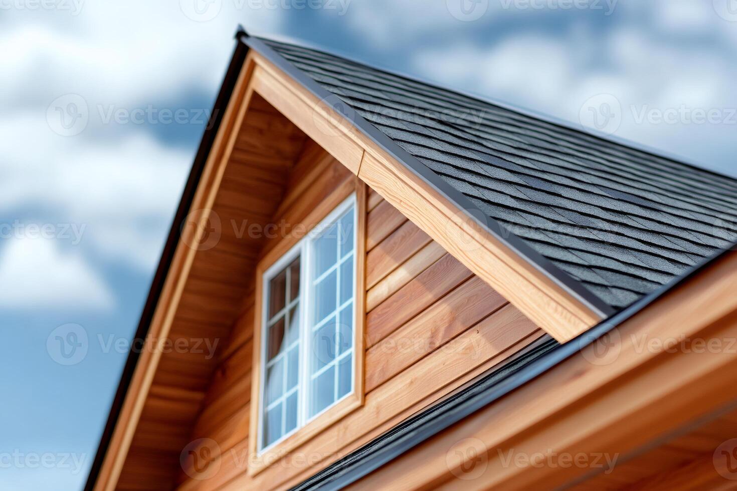 Wooden house roof with asphalt shingles and window on sunny day photo