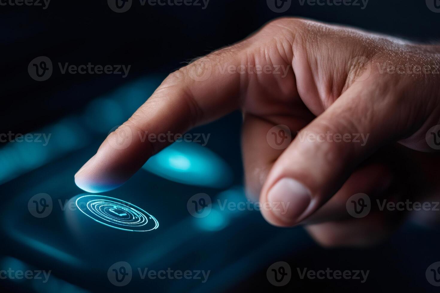 Businessman using fingerprint scanner on futuristic digital touchscreen photo