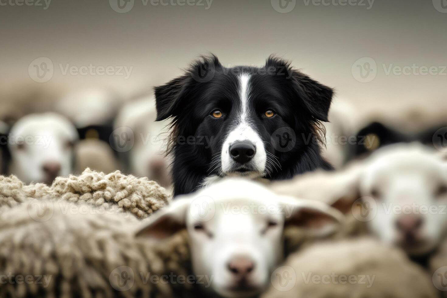 Border collie dog guarding flock of sheep photo