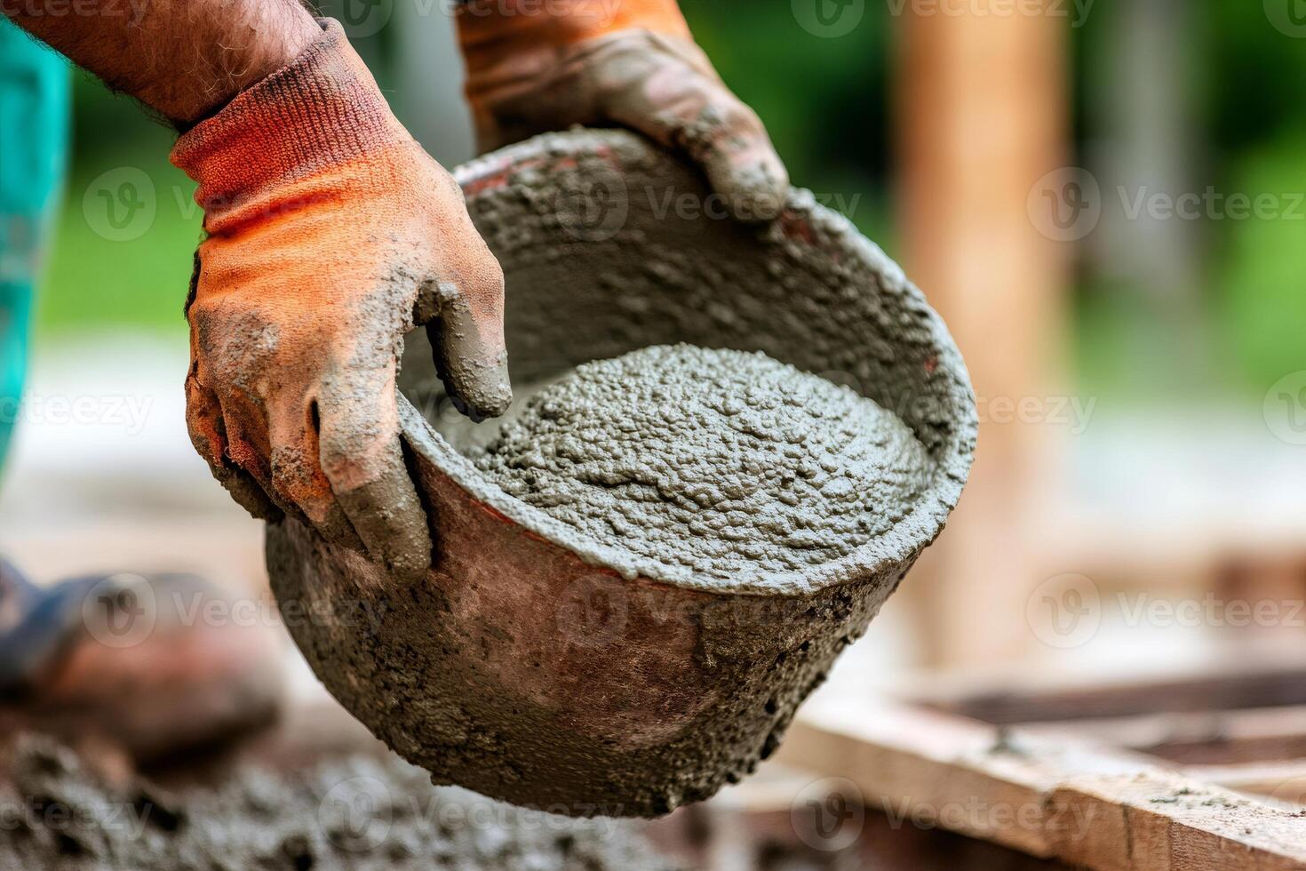 Construction worker pouring concrete mix into wooden formwork at building site photo