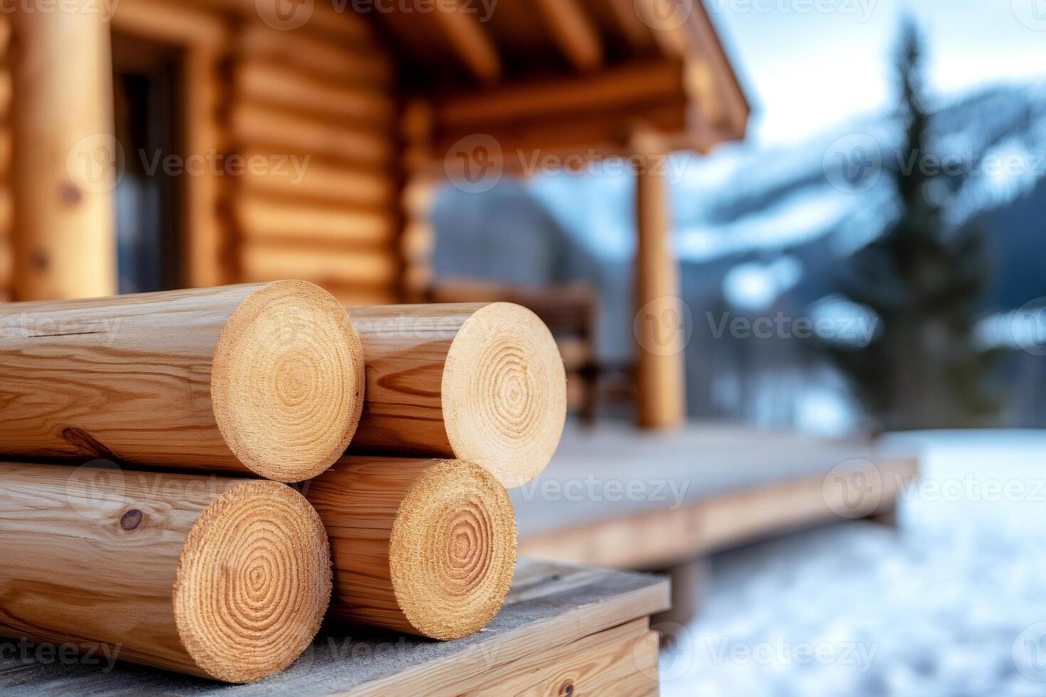 Stacked logs resting near cozy log cabin in winter wonderland photo