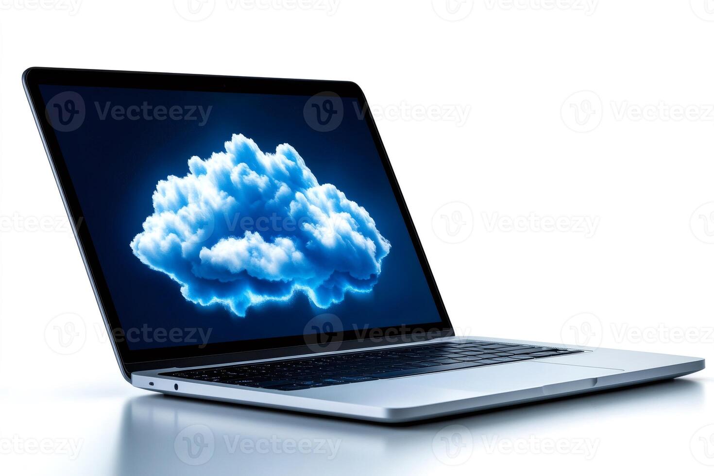 Cloud computing concept, laptop showing cloud on screen on white background photo