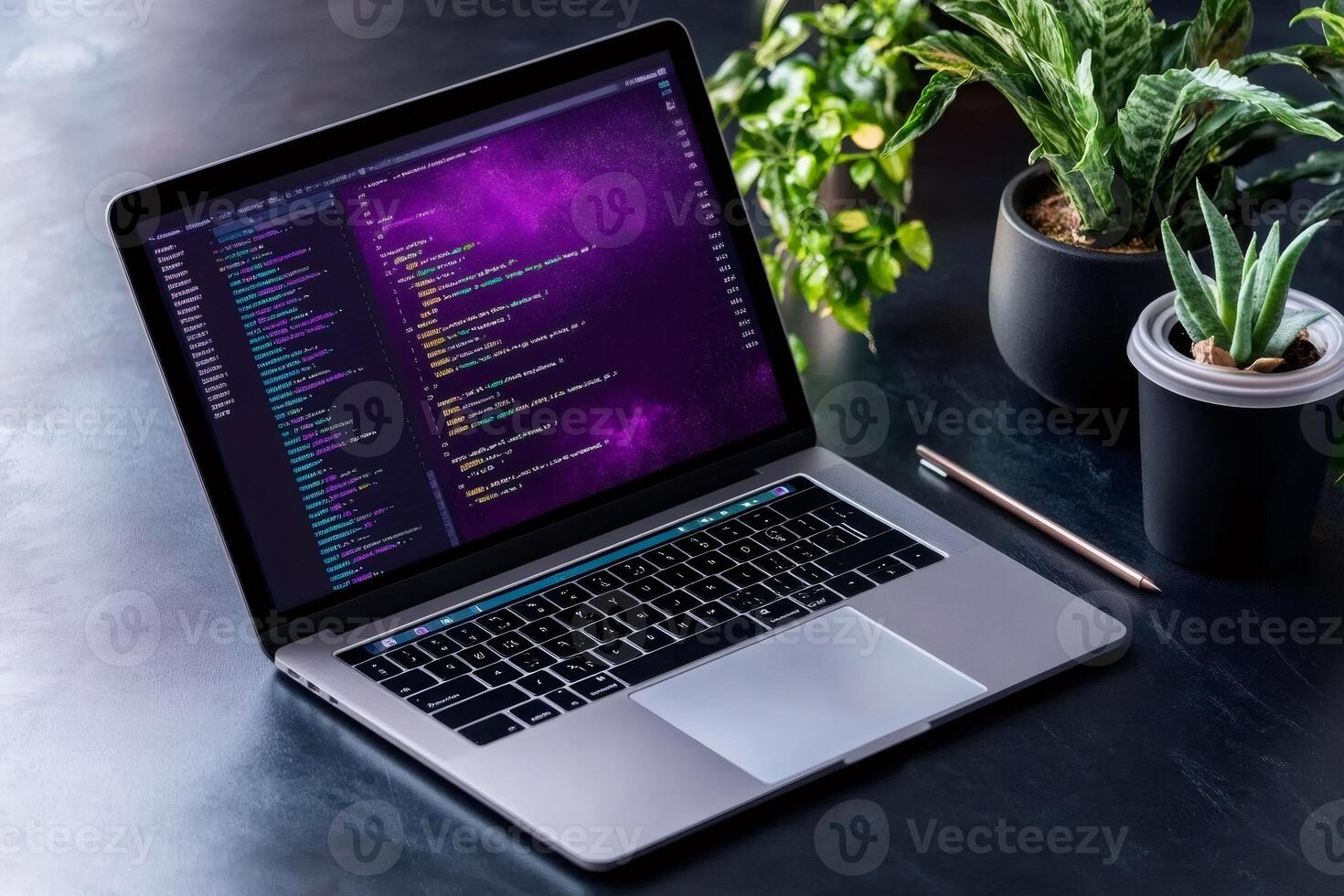 Modern laptop displaying code in home office setting with plants photo
