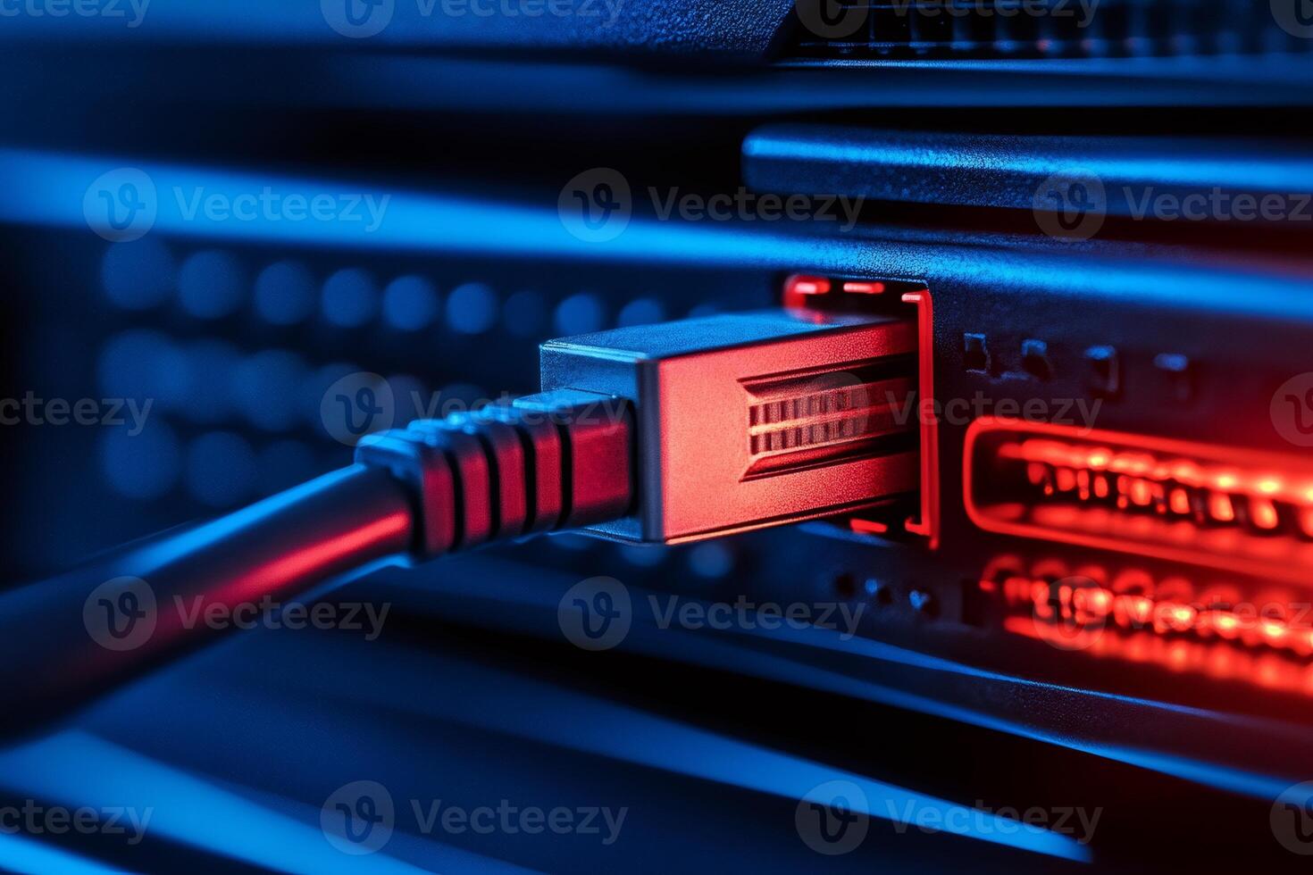 Network cable plugging into modem router with red and blue lights photo