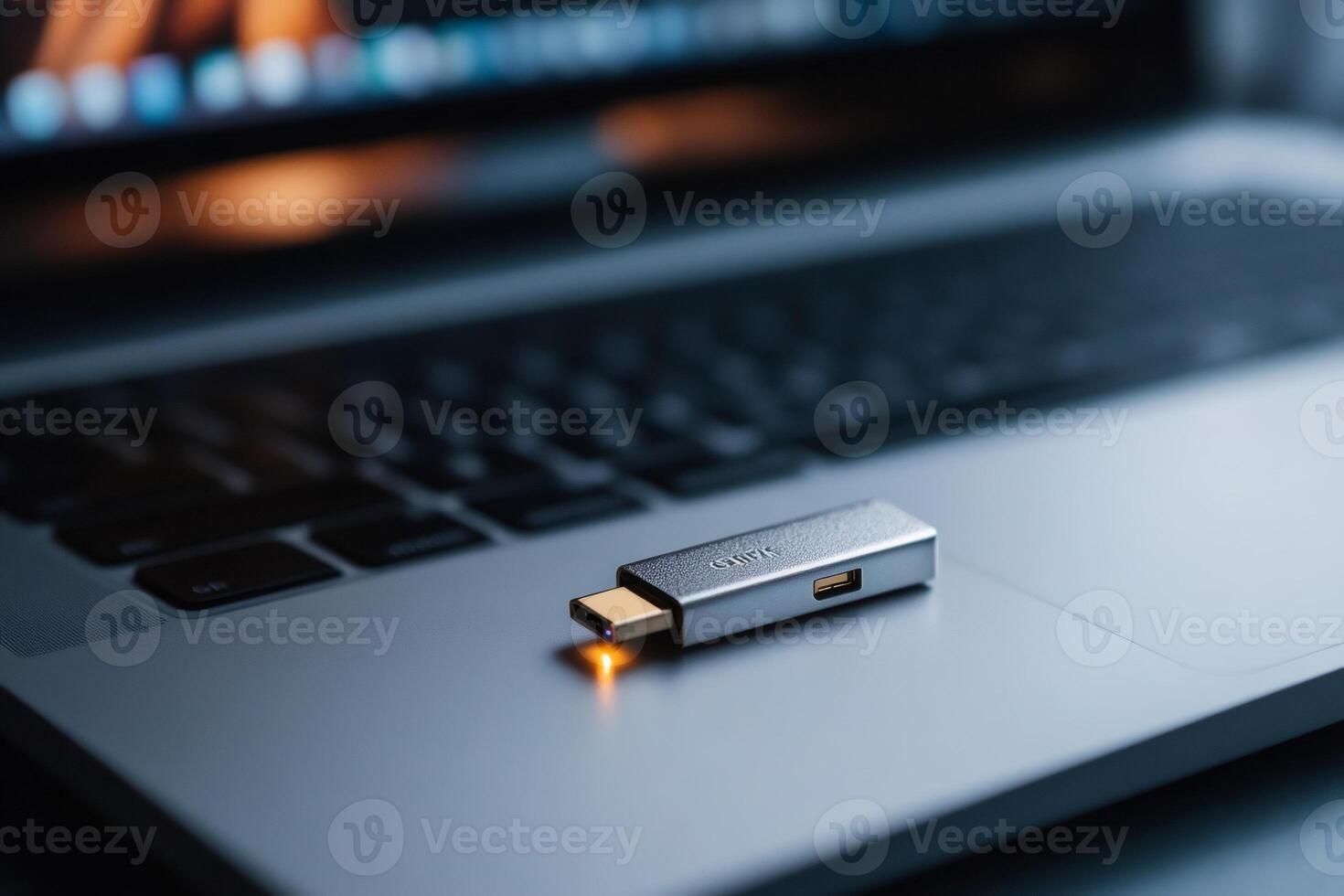 Usb c dongle resting on modern laptop keyboard, embracing technological connectivity photo