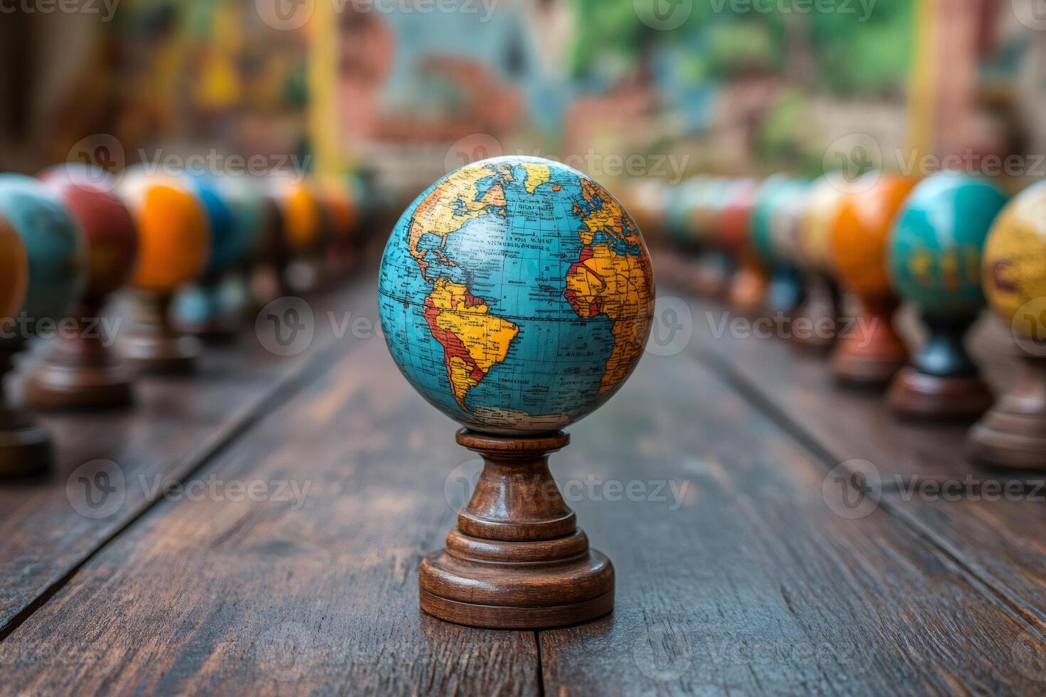 Globes showing world map standing on wooden table photo
