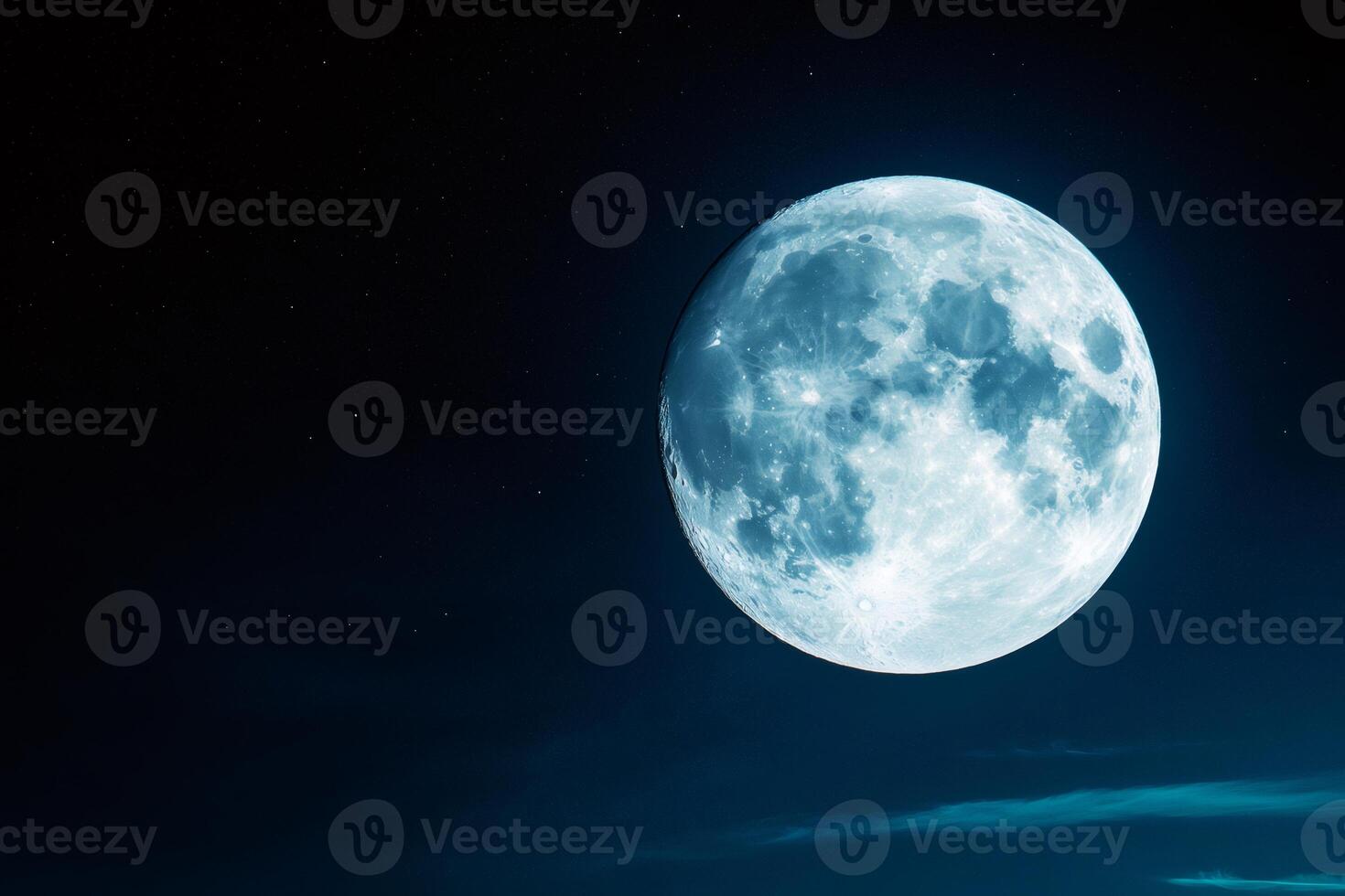 Bright blue full moon shining in the night sky with stars photo