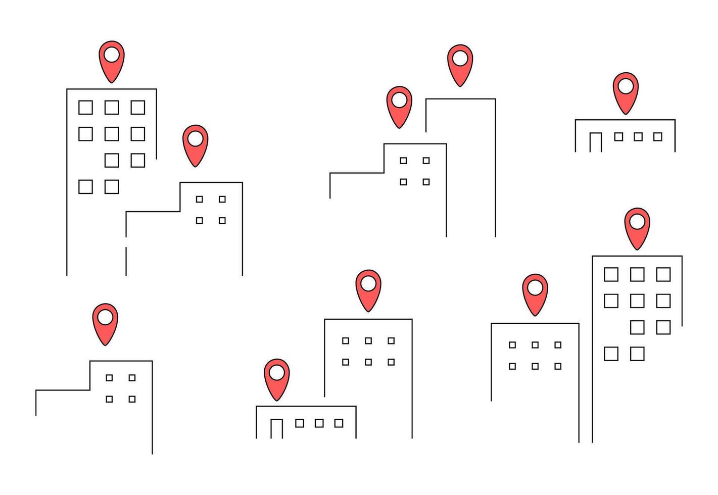 Urban landscape with multiple building markers indicating locations vector