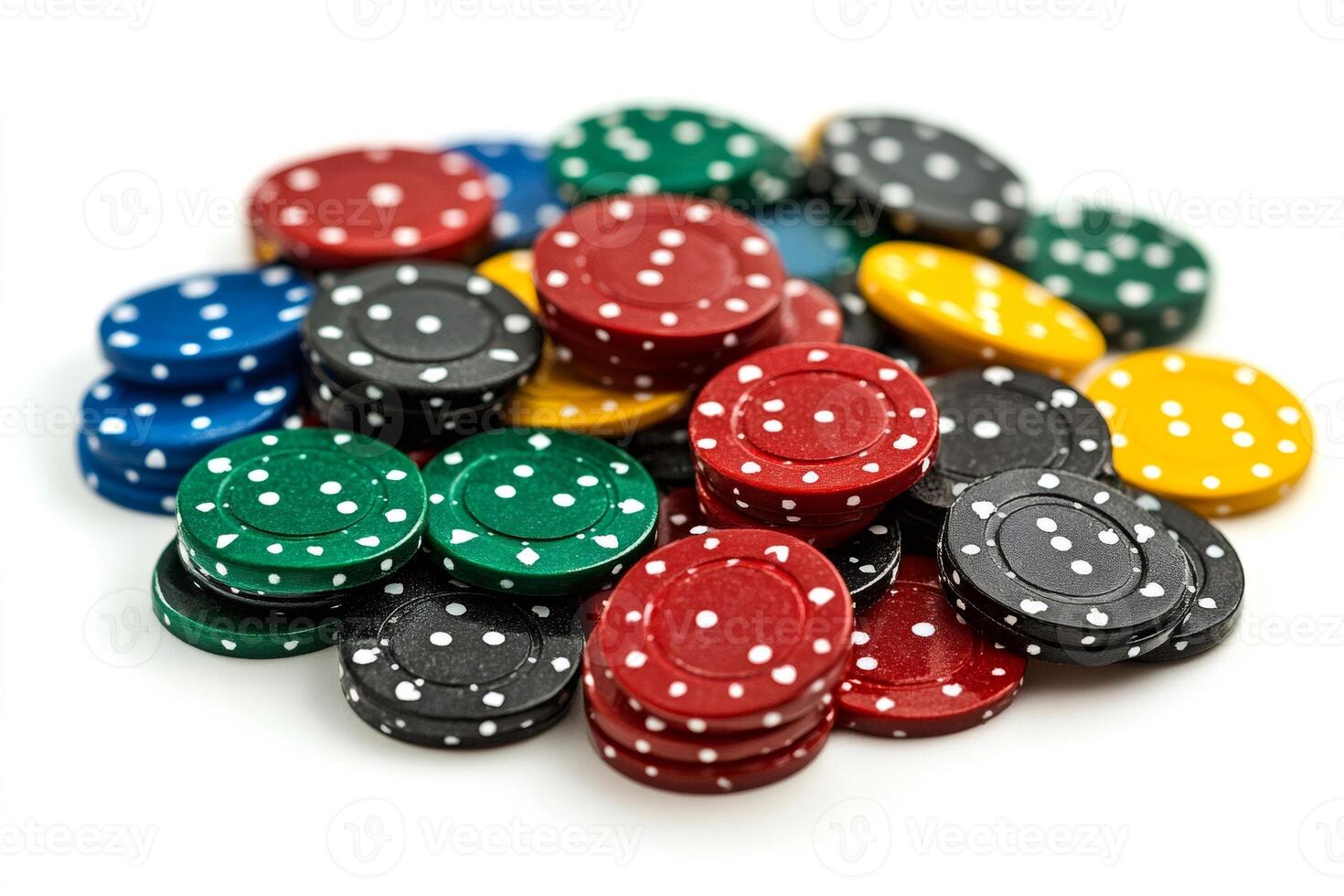 Colorful poker chips stacked on white background representing gambling and betting photo
