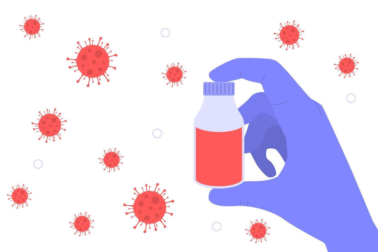 Hand holding vaccine bottle against virus illustration vector