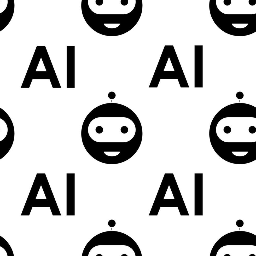 Black and white pattern with stylized robots and AI text vector