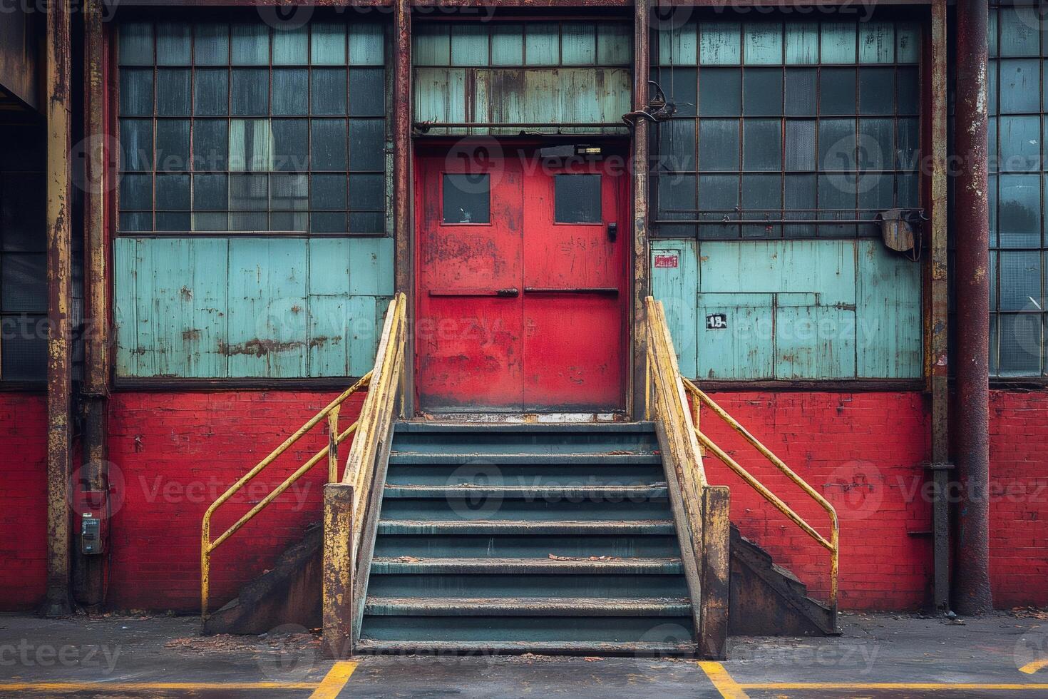 Red door and staircase leading to an abandoned industrial building photo