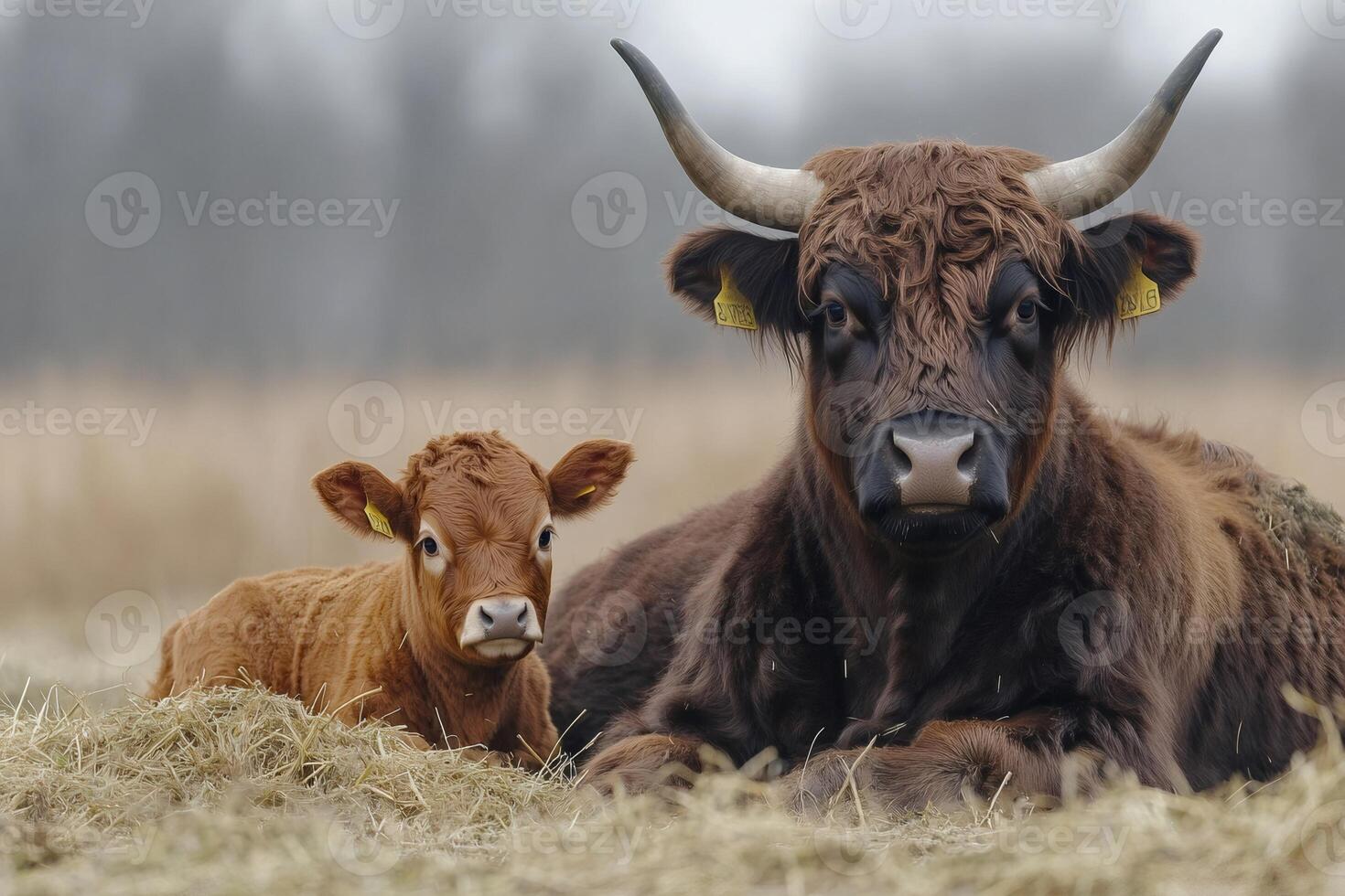 Highland cattle cow resting with calf in field of dry grass photo