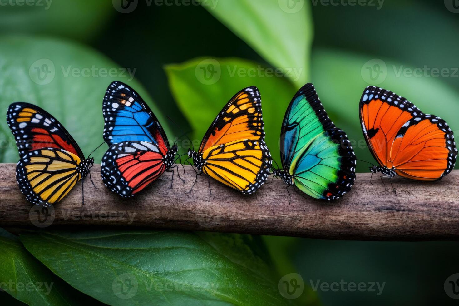 Colorful butterflies resting on a branch in lush green foliage photo
