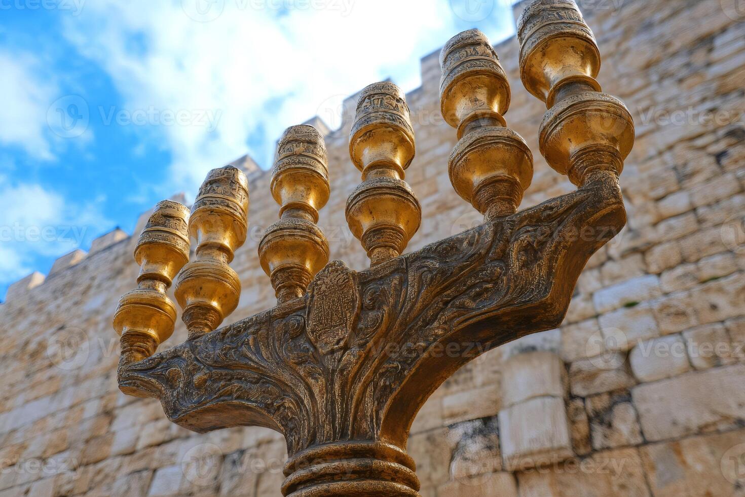 Golden menorah shining in front of the western wall in jerusalem photo