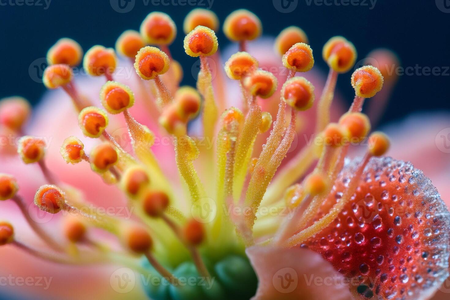 Macro closeup of flower pistils showing pollen and water droplets photo