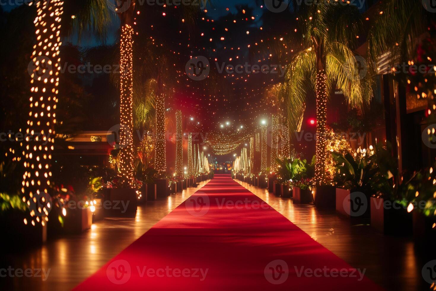 Red carpet leading to a luxurious night event with fairy lights and palm trees photo