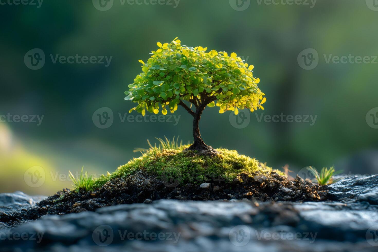 Small bonsai tree growing on mossy rock symbolizing growth and new beginnings photo