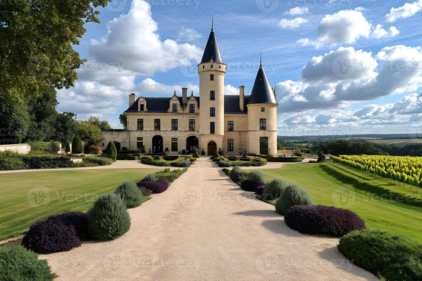 French chateau with vineyards in saint emilion region on sunny day photo
