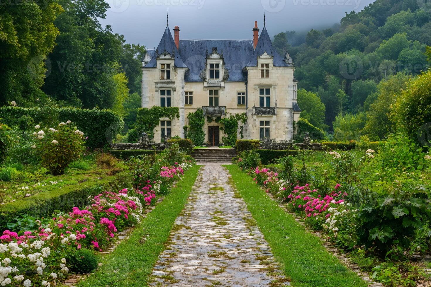 Cobblestone path leading to french chateau with blooming flower garden photo