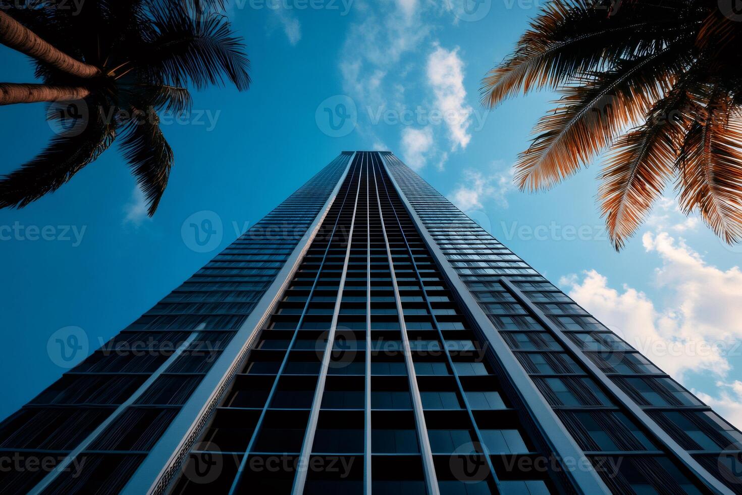 Modern skyscraper towering over palm trees under blue sky photo