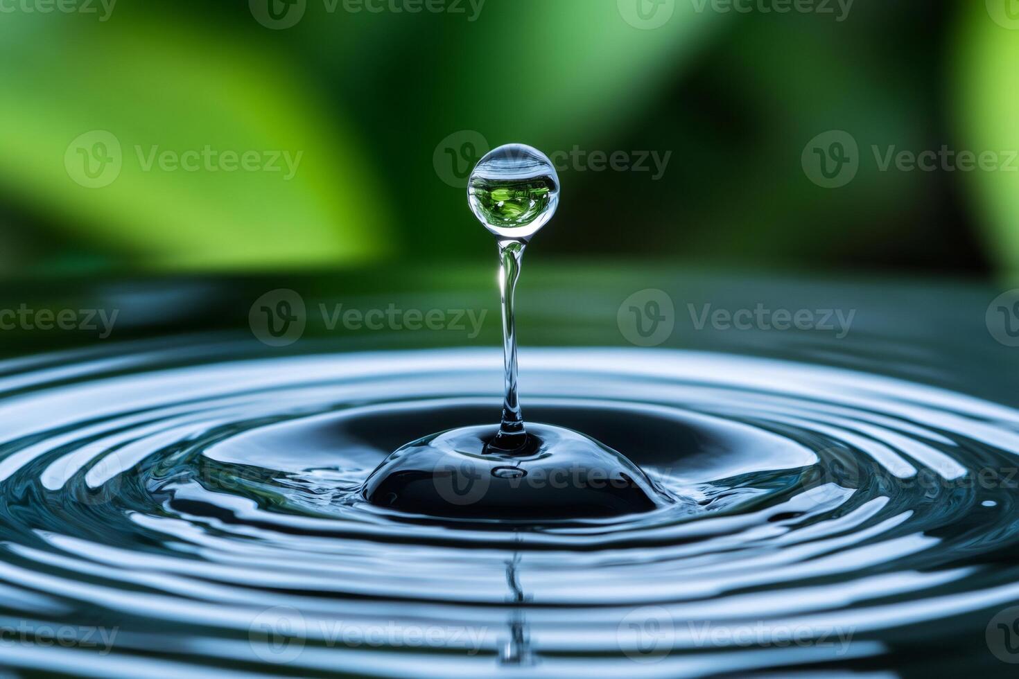 Water drop splashing and creating ripples with green background photo