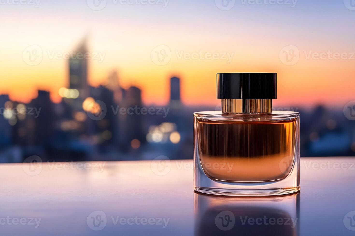 Perfume bottle displayed on table with city skyline at sunset photo