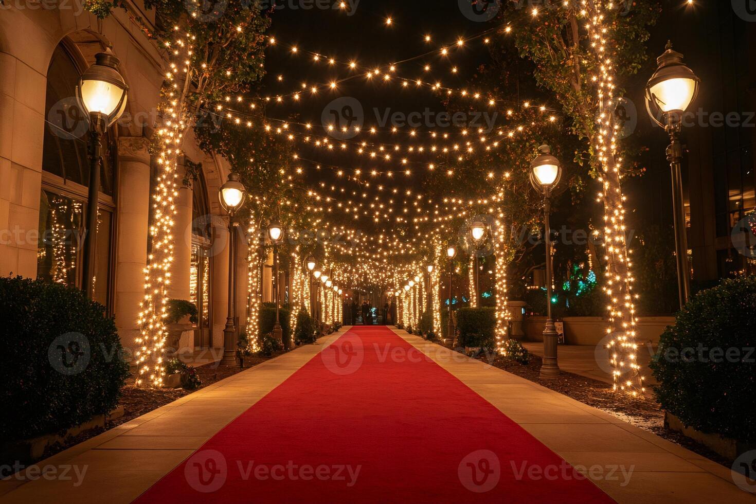 Red carpet leading to christmas party decorated with string lights photo