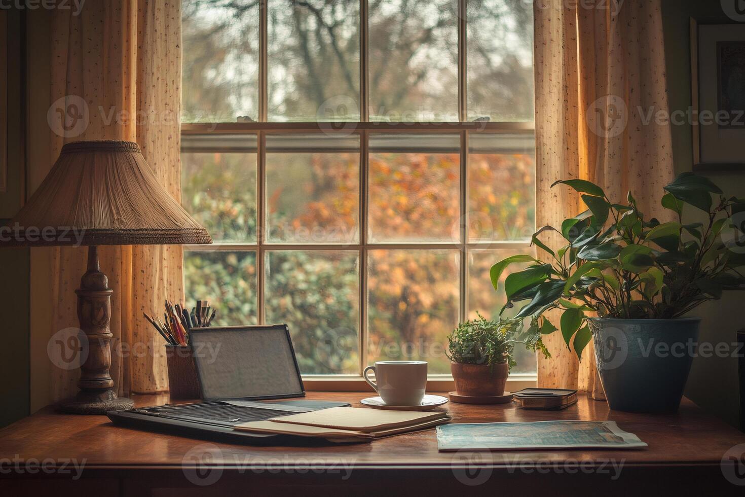 Cozy home office desk by window with autumn view photo