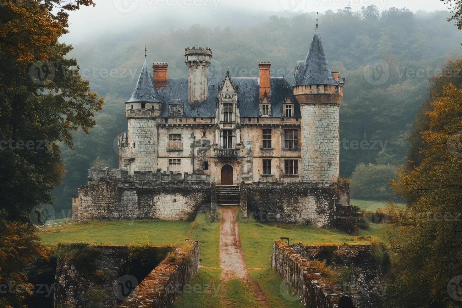 Medieval castle surrounded by fog in autumn forest photo