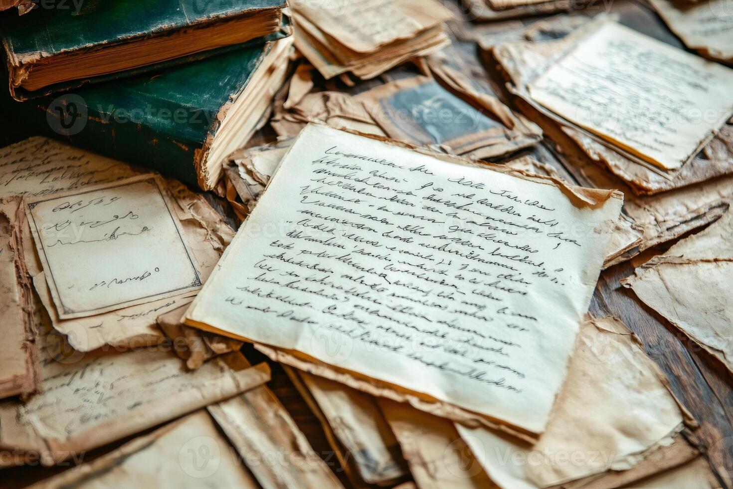 Exploring vintage handwritten letters and aged books photo