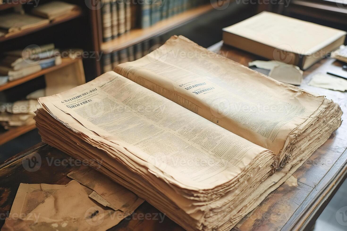 Large antique book open on wooden table photo