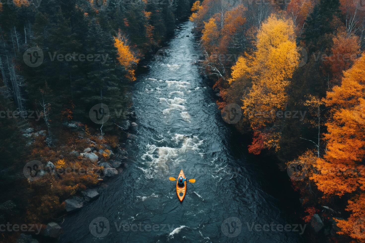 Kayaker paddling down a river surrounded by colorful autumn foliage photo